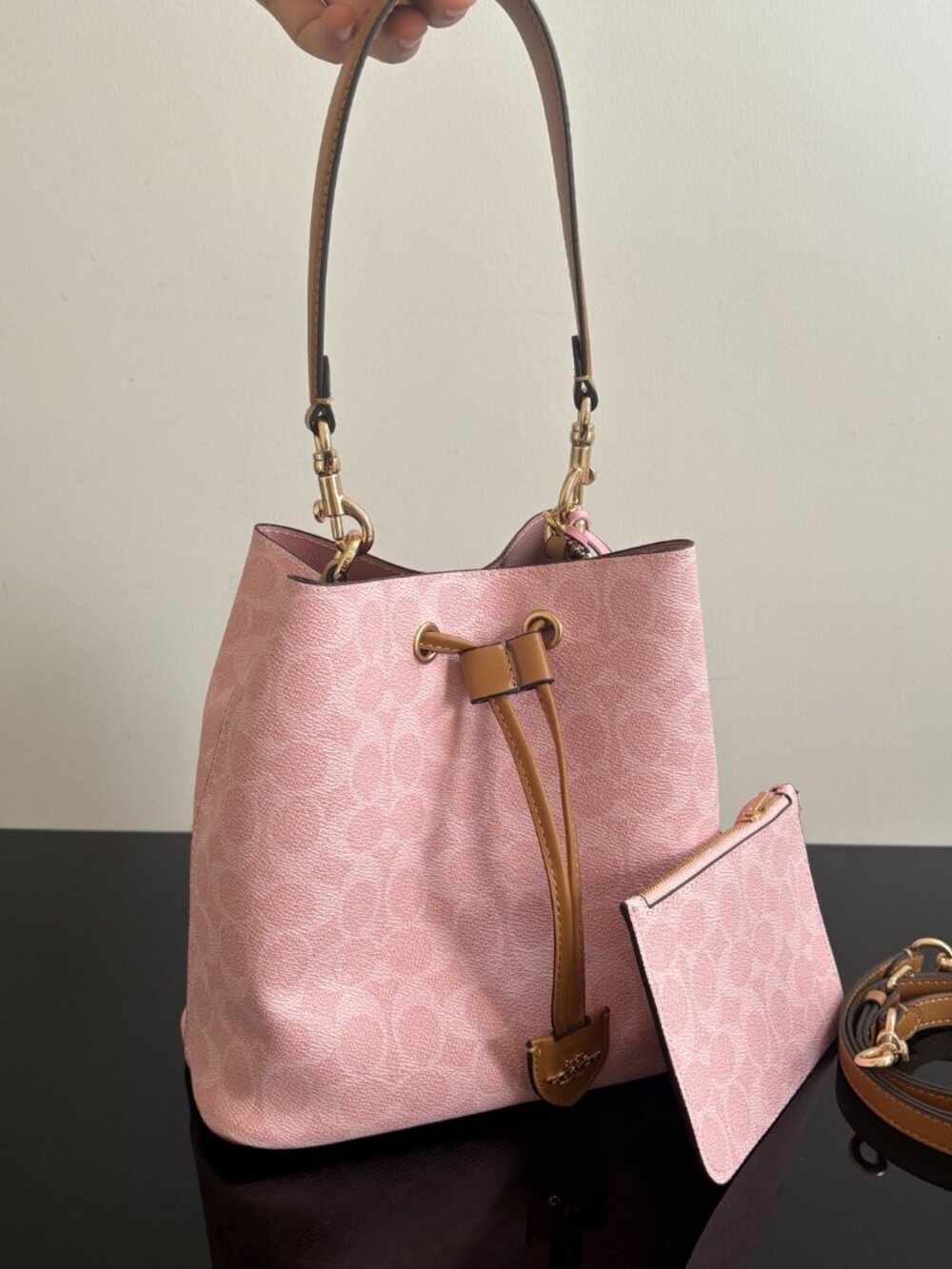 Coach Pink Monogram Drawstring Bucket Bag - Picture 3 of 9